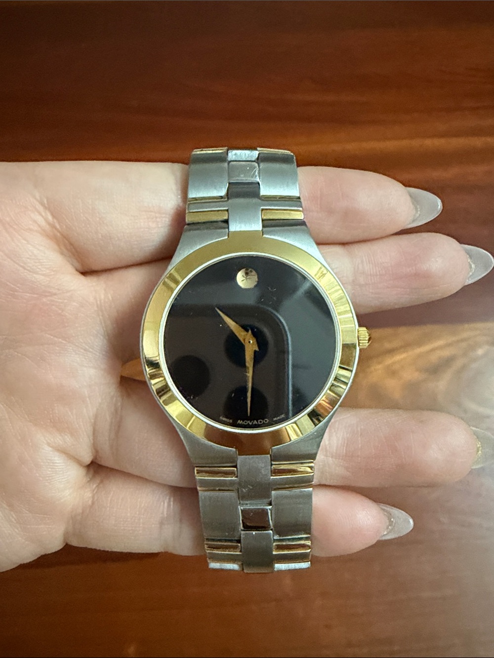 Movado Two-Tone Black Dial Gold Accents Stainless Steel Watch